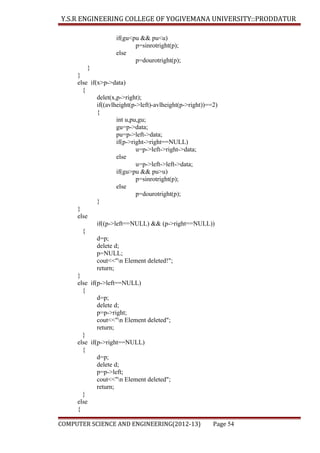 Y.S.R ENGINEERING COLLEGE OF YOGIVEMANA UNIVERSITY::PRODDATUR
if(gu<pu && pu<u)
p=sinrotright(p);
else
p=dourotright(p);
}
}
else if(x>p->data)
{
delet(x,p->right);
if((avlheight(p->left)-avlheight(p->right))==2)
{
int u,pu,gu;
gu=p->data;
pu=p->left->data;
if(p->right->right==NULL)
u=p->left->right->data;
else
u=p->left->left->data;
if(gu>pu && pu>u)
p=sinrotright(p);
else
p=dourotright(p);
}
}
else
if((p->left==NULL) && (p->right==NULL))
{
d=p;
delete d;
p=NULL;
cout<<"n Element deleted!";
return;
}
else if(p->left==NULL)
{
d=p;
delete d;
p=p->right;
cout<<"n Element deleted";
return;
}
else if(p->right==NULL)
{
d=p;
delete d;
p=p->left;
cout<<"n Element deleted";
return;
}
else
{
COMPUTER SCIENCE AND ENGINEERING(2012-13)

Page 54

 