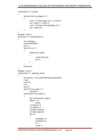Y.S.R ENGINEERING COLLEGE OF YOGIVEMANA UNIVERSITY::PRODDATUR
void kruskal <t>::create()
{
for(int k=0;k<tot_edges;k++)
{
cout<<"n Enter Edge in (v1, v2) from";
cin>>G[k].v1>>G[k].v2;
cout<<"n Enter Corresponding cost ";
cin>>G[k].cost;
}
}
template <class t>
int kruskal <t>::minimum(int n)
{
int i,small,pos;
small=INFINITY;
pos=-1;
for(i=0;i<n;i++)
{
if(G[i].cost<small)
{
small=G[i].cost;
pos=i;
}
}
return pos;
}
template <class t>
void kruskal <t>::spanning_tree()
{
int count,k,v1,v2,i,j,tree[10][10],pos,parent[10];
t sum;
count=0;
k=0;
sum=0;
for(i=0;i<tot_nodes;i++)
parent[i]=i;
while(count!=tot_nodes-1)
{
pos=minimum(tot_edges);
if(pos==-1)
break;
v1=G[pos].v1;
v2=G[pos].v2;
i=Find(v1,parent);
j=Find(v2,parent);
if(i!=j)
{
tree[k][0]=v1;
tree[k][1]=v2;
k++;
count++;
COMPUTER SCIENCE AND ENGINEERING(2012-13)

Page 58

 