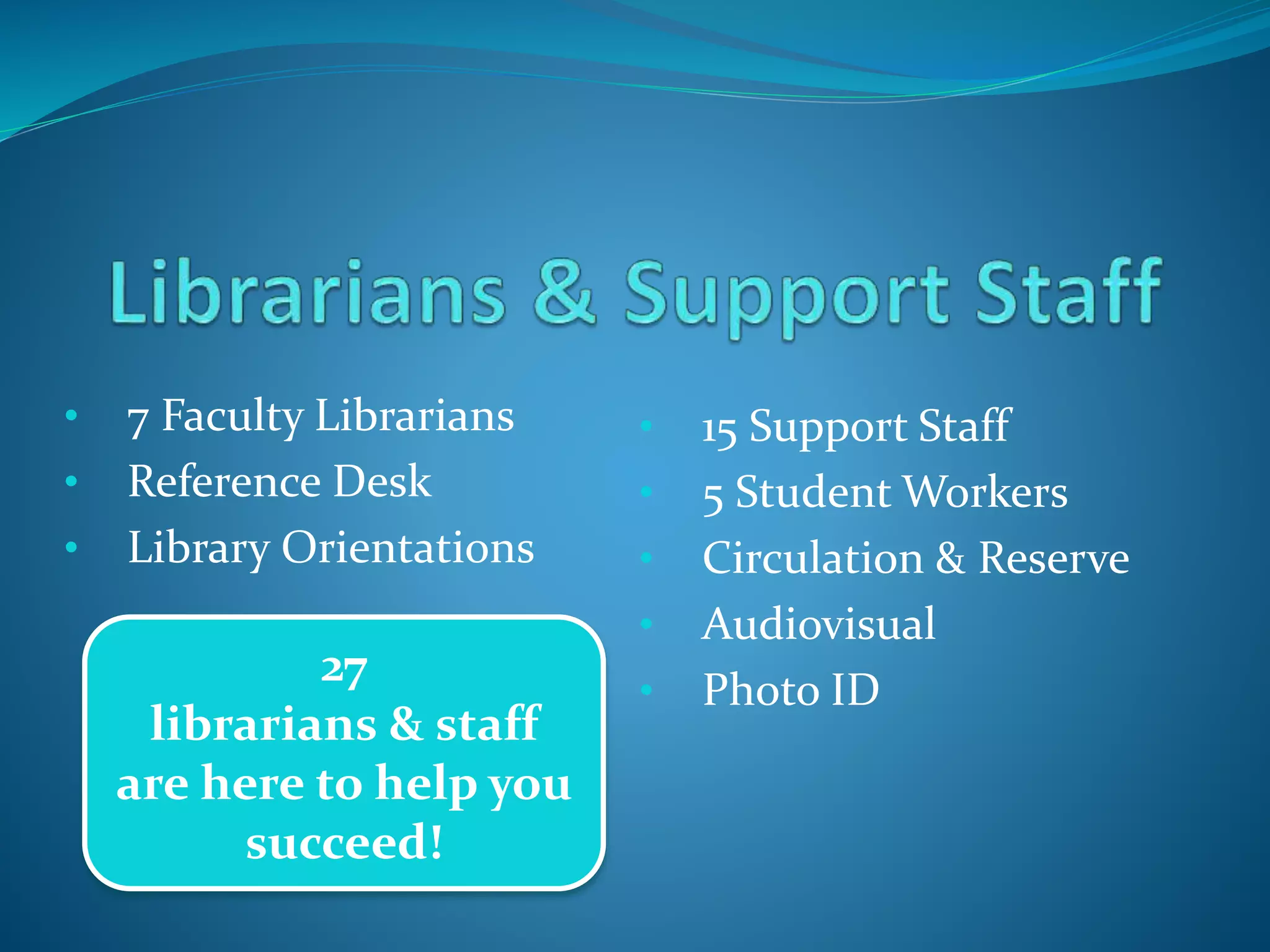 • 7 Faculty Librarians 
• Reference Desk 
• Library Orientations 
• 15 Support Staff 
• 5 Student Workers 
• Circulation & Reserve 
• Audiovisual 
• Photo ID 
27 
librarians & staff 
are here to help you 
succeed! 
 