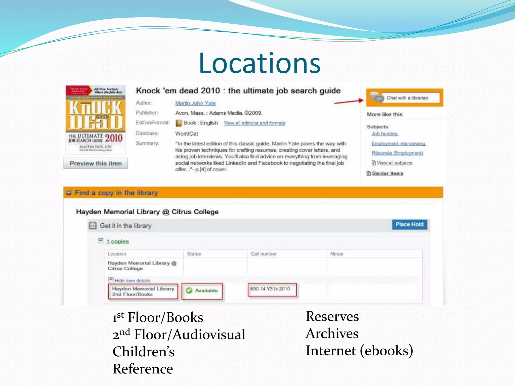 Locations 
1st Floor/Books 
2nd Floor/Audiovisual 
Children’s 
Reference 
Reserves 
Archives 
Internet (ebooks) 
 