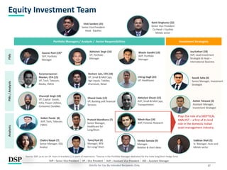 Strictly For Use By Intended Recipients Only
Equity Investment Team
37
Resham Jain, CFA (18)
VP, Small & Mid Caps,
Agri inputs, Textiles,
Chemicals, Retail
Abhishek Ghosh (15)
AVP, Small & Mid Caps,
Transportation
Charanjit Singh (18)
VP, Capital Goods,
Infra, Power Utilities,
Consumer Durables
Dhaval Gada (13)
VP, Banking and Financial
Services
Gaurav Pant (19)*
SVP, Portfolio
Manager
Suryanarayanan
Manian, CFA (15)
VP, Tech, Telecom,
Media, FMCG
Investment Strategists
Jay Kothari (18)
SVP, Lead Investment
Strategist & Head –
International Business
Portfolio Managers / Analysts / Sector Responsibilities
Rohit Singhania (22)
Senior Vice President
Co-Head – Equities
Metals sector
Vinit Sambre (25)
Senior Vice President
Head - Equities
Source: DSP, as at Jun 24. Years in brackets ( ) is years of experience. *Gaurav is the Portfolio Manager dedicated for the India long/short hedge fund.
PMs
PMs
/
Analysts
Analysts
SVP – Senior Vice President VP – Vice President AVP – Assistant Vice President
Nilesh Aiya (14)
AVP, Forensic Research
Plays the role of a SKEPTICAL
ANALYST – a first of its kind
role in the domestic Indian
asset management industry
Chirag Dagli (22)
VP, Healthcare
Abhishek Singh (16)
VP, Portfolio
Manager
Bhavin Gandhi (19)
AVP, Portfolio
Manager
Prateek Mandhana (7)
Senior Manager,
Healthcare for
Long/Short
Souvik Saha (6)
Senior Manager, Investment
Strategist
AM – Assistant Manager
Chaitra Nayak (7)
Senior Manager, ESG
Analyst
Tanuj Kyal (4)
Manager, BFSI
for Long/ Short
Venkat Samala (9)
Manager,
Relative & short ideas
Aniket Pande (8)
AVP, Tech, Telecom,
FMCG
Ashish Tekwani (3)
Assistant Manager,
Investment Strategist
Vaibhav Shah (5)
Sr. Manager, Auto and
Metals sector
 