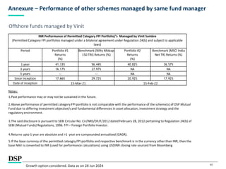40
Annexure – Performance of other schemes managed by same fund manager
Growth option considered. Data as on 28 Jun 2024
Offshore funds managed by Vinit
Notes:
1.Past performance may or may not be sustained in the future.
2.Above performance of permitted category FPI portfolio is not comparable with the performance of the scheme(s) of DSP Mutual
Fund due to differing investment objective/s and fundamental differences in asset allocation, investment strategy and the
regulatory environment.
3.The said disclosure is pursuant to SEBI Circular No. Cir/IMD/DF/F/2012 dated February 28, 2012 pertaining to Regulation 24(b) of
SEBI (Mutual Funds) Regulations, 1996. FPI – Foreign Portfolio Investor.
4.Returns upto 1 year are absolute and >1 year are compounded annualised (CAGR).
5.If the base currency of the permitted cateogry FPI portfolio and respective benchmark is in the currency other than INR, then the
base NAV is converted to INR (used for performance calculations) using USDINR closing rate sourced from Bloomberg
INR Performance of Permitted Category FPI Portfolio/'s Managed by Vinit Sambre
(Permitted Category FPI portfolios managed under a bilateral agreement under Regulation 24(b) and subject to applicable
laws)
Period Portfolio #1
Returns
(%)
Benchmark (Nifty Midcap
150 TRI) Returns (%)
Portfolio #2
Returns
(%)
Benchmark (MSCI India
Net TR) Returns (%)
1 year 41.33% 56.44% 40.82% 36.57%
3 years 16.17% 27.97% NA NA
5 years -- -- NA NA
Since Inception 17.66% 29.72% 20.92% 17.92%
Date of Inception 15-Mar-21 15-Feb-22
 