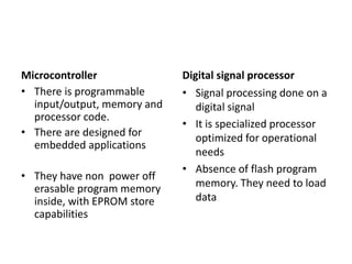 Microcontroller
• There is programmable
input/output, memory and
processor code.
• There are designed for
embedded applications
• They have non power off
erasable program memory
inside, with EPROM store
capabilities
Digital signal processor
• Signal processing done on a
digital signal
• It is specialized processor
optimized for operational
needs
• Absence of flash program
memory. They need to load
data
 