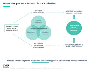 4
Investment process – Research & Stock selection
TOP DOWN
SECTOR ANALYSIS
UNIVERSE ACROSS
LARGE, MID &
SMALL CAP STOCKS
BOTTOM – UP
SUB-SECTOR &
STOCK ANALYSIS
Blended analysis of growth drivers and valuation support to determine relative attractiveness
Growth
prospects
Valuation
metrics
Fundamental
attributes
Create whitelist
of primary
investment
candidates
ASSESSMENT OF OVERALL
SECTOR ATTRACTIVENESS
INDIVIDUAL SUB-SECTOR &
STOCK ATTRACTIVENESS
EVALUATION FRAMEWORK
Large-caps are defined as top 100 stocks on market capitalization, mid-caps as 101-250 stocks, small-caps 251 stock onwards
 