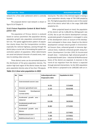 District Spatial Plan - Thrissur                                                     DEVELOPMENT DIRECTIVES      209
network for a first order settlement which is centrally        tion/sq km. The LSGs in the mid land region is having a
located.                                                       gross population density range of 750-1500 people/sq
                                                               km. The highest population density is seen in the coastal
       The proposed district road network is shown in
                                                               belt of the district which falls in the range 1500-3200
figure 9.6 of Chapter 9.
                                                               people/sq km.
15.4.5 Future Population Content & Work Partici-                     When projected based on trend, the population
pation rate
                                                               of the district will be 3,286,439 by 2021(growth rate
       The population of Thrissur district is analyzed         4.21%). But as per the district development concept,
based on various parameters like population density,           accelerated growth of population is envisaged in some
population growth rate, population concentration pat-          of the development zones on account of the develop-
tern etc. The spatial agglomeration pattern of popula-         ment anticipated in those zones. Based on the district
tion clearly shows that the transportation corridors,          development concept natural growth in Environmen-
especially the national highways, passing through the          tal Concern Zone, enhanced growth in Intensive Agri-
district play a crucial role in formulating the spatial con-   cultural Zone, moderate enhanced growth along Eco-
centration pattern of population. Other determinants           nomic Development Corridor (EDC) & Accelerated
are social and physical character of coastal areas, near-      Growth Zone – Institutional, high enhanced growth in
ness to existing urban areas etc.                              Accelerated Growth Zone – Industrial & Multifunctional
      Three distinct zones can be earmarked based on           Zones of the district are expected. A reversion in the
the distribution of the gross population density. The          trend of out migration from the district is expected
eastern high land region of the district shows the least       through planned interventions. So the 2021 population
gross population density value of less than 750 popula-        of the district is projected to be 3,405,062 with an in-

Table 15.3: Zone wise population in 2021




                                                                    Department of Town & Country Planning, Kerala
 