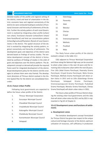 202       DEVELOPMENT DIRECTIVES                                                           District Spatial Plan - Thrissur

detailed studies of the profile and regional setting of            9.        Edavilangu
the district, trend and level of urbanization in the dis-
                                                                   10.       Pavaratty
trict, economic base and regional connectivity of the
district etc were conducted leading to evolution of func-          11.       Adat
tional character and hierarchy of settlements of the dis-          12.       Manalur
trict. Further the activity pattern of each Local Govern-
                                                                   13.       Cherpu
ment is evolved by integrating urban profile (urban/
non urban), functional character (Urban/Semi Urban/                14.       Eriyad
Semi Rural/Rural) and land use concentration pattern               15.       Sreenarayanapuram
(Urban/Agricultural/Plantation /forest) of Local Govern-
                                                                   16.       Methala
ments in the district. The spatial structure of the dis-
trict is evolved by integrating the activity pattern, re-          17.       Puukkad
gional connectivity and hierarchy of settlements. The              18.       Mala
development goals and objectives of the district were
                                                                   The likely future urban profile of the district
derived based on findings of various studies. The ten-
                                                             evolved is shown in the table 15.1
tative development concept of the district is formu-
lated by synthesis of findings of studies in the orbit of           LSGs adjacent to Thrissur Municipal Corporation
goals and objectives over the district platform. The de-     and those along the National High way can be assumed
velopment concept so derived will provide the required       to attain urban status in the next 10 years and the re-
frame work for integrated development of the district.       maining LSGs to become urban within the next 20 years.
Broad development policy for the district and the strat-     Five LSGs (Adat Grama Panchayat, Pavaratty Grama
egies to achieve them were also framed. The develop-         Panchayat, Eriyad Grama Panchayat, Mala Grama
ment directions of Thrissur district evolved in the Dis-     Panchayat, Methala Grama Panchayat) will attain ur-
trict Spatial Plan for the district are consolidated here-   ban status in 2011 and six LSGs (Edavilangu Grama
under:                                                       Panchayat,       Valappad       Grama      Panchayat,
                                                             Sreenarayanapuram Grama Panchayat, Pudukkad
15.4.1 Future Urban Profile                                  Grama Panchayat, Manalur Grama Panchayat, Cherpu
      Following local governments are expected to            Grama Panchayat) will attain urban status in 2021.
define the future urban profile of the District.                   The future urban profile of Thrissur District show-
      1.         Thrissur Municipal Corporation              ing the existing urban local governments and the LSGs
                                                             that will attain urban status by 2011 and by 2021 is rep-
      2.         Guruvayur Municipal Council
                                                             resented in Fig 8.9 of Chapter 8.
      3.         Chavakkad Municipal Council
                                                             15.4.2 Development zones and functions of settle-
      4.         Irinjalakkuda Municipal Council
                                                             ments
      5.         Kodungallur Municipal Council
                                                             a. Development zones
      6.         Chalakkudy Municipal Council
                                                                    The tentative development concept formulated
      7.         Kunnamkulam Municipal Council               for Thrissur District has given due respect to the unique
      8.         Valappad                                    cultural and heritage character of the district, optimum
                                                             utilization of resources, self sufficiency in production


Department of Town & Country Planning, Kerala
 