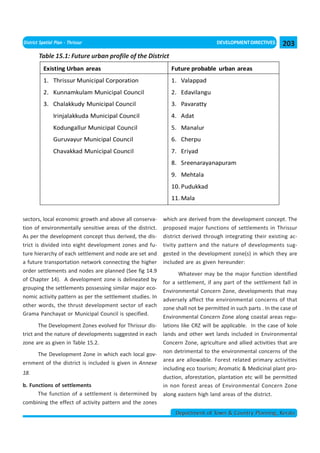 District Spatial Plan - Thrissur                                                  DEVELOPMENT DIRECTIVES      203
        Table 15.1: Future urban profile of the District
          Existing Urban areas                                Future probable urban areas
          1. Thrissur Municipal Corporation                   1. Valappad
          2. Kunnamkulam Municipal Council                    2. Edavilangu
          3. Chalakkudy Municipal Council                     3. Pavaratty
                Irinjalakkuda Municipal Council               4. Adat
                Kodungallur Municipal Council                 5. Manalur
                Guruvayur Municipal Council                   6. Cherpu
                Chavakkad Municipal Council                   7. Eriyad
                                                              8. Sreenarayanapuram
                                                              9. Mehtala
                                                              10. Pudukkad
                                                              11. Mala


sectors, local economic growth and above all conserva-     which are derived from the development concept. The
tion of environmentally sensitive areas of the district.   proposed major functions of settlements in Thrissur
As per the development concept thus derived, the dis-      district derived through integrating their existing ac-
trict is divided into eight development zones and fu-      tivity pattern and the nature of developments sug-
ture hierarchy of each settlement and node are set and     gested in the development zone(s) in which they are
a future transportation network connecting the higher      included are as given hereunder:
order settlements and nodes are planned (See fig 14.9
                                                                  Whatever may be the major function identified
of Chapter 14). A development zone is delineated by
                                                           for a settlement, if any part of the settlement fall in
grouping the settlements possessing similar major eco-
                                                           Environmental Concern Zone, developments that may
nomic activity pattern as per the settlement studies. In
                                                           adversely affect the environmental concerns of that
other words, the thrust development sector of each
                                                           zone shall not be permitted in such parts . In the case of
Grama Panchayat or Municipal Council is specified.
                                                           Environmental Concern Zone along coastal areas regu-
       The Development Zones evolved for Thrissur dis-     lations like CRZ will be applicable. In the case of kole
trict and the nature of developments suggested in each     lands and other wet lands included in Environmental
zone are as given in Table 15.2.                           Concern Zone, agriculture and allied activities that are
                                                           non detrimental to the environmental concerns of the
     The Development Zone in which each local gov-
                                                           area are allowable. Forest related primary activities
ernment of the district is included is given in Annexe
                                                           including eco tourism; Aromatic & Medicinal plant pro-
18.
                                                           duction, aforestation, plantation etc will be permitted
b. Functions of settlements                                in non forest areas of Environmental Concern Zone
      The function of a settlement is determined by        along eastern high land areas of the district.
combining the effect of activity pattern and the zones
                                                                Department of Town & Country Planning, Kerala
 