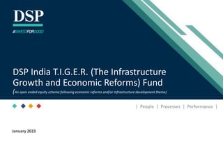 [Title to come]
[Sub-Title to come]
Strictly for Intended Recipients Only
Date
* DSP India Fund is the Company incorporated in Mauritius, under which ILSF is the corresponding share class
January 2023
| People | Processes | Performance |
DSP India T.I.G.E.R. (The Infrastructure
Growth and Economic Reforms) Fund
(An open ended equity scheme following economic reforms and/or Infrastructure development theme)
#INVESTFORGOOD
 