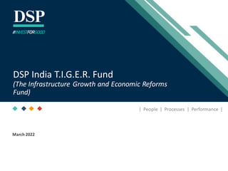 [Title to come]
[Sub-Title to come]
Strictly for IntendedRecipients Only
Date
* DSP India Fund is the Company incorporated in Mauritius,under which ILSF is the corresponding share class
March 2022
| People | Processes | Performance |
DSP India T.I.G.E.R. Fund
(The Infrastructure Growth and Economic Reforms
Fund)
#INVESTFORGOOD
 