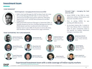 15
Investment team
Rohit Singhania–managing thefund sinceJune2010
• Rohit is the Fund Manager for DSPTax Saver Fund. He is also
the co-Fund ManagerforDSP India T.I.G.E.R.fund* (The
InfrastructureGrowthand Economic Reforms), DSP Equity
Opportunities Fund* and DSP NaturalResources and New
EnergyFund *.
• Rohit joined DSPInvestment Managersin September 2005, as
Portfolio Analyst for the firm's Portfolio Management Services
(PMS) division and then transferred tothe Institutional
Equities Teamin June 2009. He focused on sectors like Auto,
Auto Ancillaries, Metals, Infrastructure, SugarandHotels.
FUND MANAGER*
* Jay Kothari -Dedicated Fund Manager for overseas investments. Years in brackets ( ) is years of experience.
Experienced investment team with a wide coverage of Indian equity markets
TEAM SUPPORTING THE FUND MANAGER
Chinmay Sapre (9)
AVP, Aviation, Realty
Abhishek Ghosh (12)
AVP, Small & Mid Caps,
Transportation
Kaushal Maroo (11)
AVP, Autos, Ancillaries,
Cement
Dhaval Gada (10)
AVP, Banking and
FinancialServices
Abhishek Rathi (13)
AVP, Financials &
Industrials for Long /
Short
Aayush Ganeriwala
Manager, Oil& Gas,
Metals
Suryanarayanan
Manian, CFA (10)
VP, Tech, Telecom,
Media, FMCG
Nilesh Aiya(12)
AVP, ForensicResearch
Resham Jain, CFA (14)
VP, Small & Mid Caps,Agri
inputs, Textiles, Chemicals,
Retail
Charanjit Singh – managing the fund
sinceJan 2021
• Joined DSPIM in Sep 2018 to cover
Industrials, Utilities, Infrastructure and
Consumer Durables sectors
• Prior to joining DSPIM, he was
working with B&Ksecurities
• He has been rated as No. 2 analyst in
2017 Asia Money Polls in Industrials
sector & been consistently voted in
top quartile by leading investment
managersin previous roles
Chirag Dagli
VP, Healthcare
Abhishek Singh (14)
AVP, Portfolio Manager
Bhavin Gandhi (15)
AVP, Portfolio Manager
 