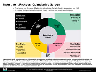 Investment Process: Quantitative Screen
The environmental, social, and governance (“ESG”) considerations discussed herein may affect an investment team’s decision to invest in certain companies or industries from
time to time. Results may differ from portfolios that do not apply similar ESG considerations to their investment process. As of 31 December 2022. This material is provided for
informational purposes only and is not intended to be investment advice or a recommendation to take any particular investment action. Subject to change. This is the current process for
selecting investments in the portfolio is in accordance with its stated investment objectives and policies. The investment process is subject to change based on market conditions, portfolio
manager's opinion and other factors. The value composite is industry group neutral (i.e. stocks in specific industries are compared relative to each other) while the other composites are sector
group neutral (i.e. stocks in the same sector are compared relative to each other).
• The Screen has 5 groups of factors including Value, Growth, Quality, Momentum and ESG
• A modular design enables flexibility for industry-specific and sector-specific factors
Sub Styles
• Cyclical
• Normalized
• Yield
• Cash Flow
Sub Styles
Forward •
Trailing •
Sub Styles
• Capital
• Operating
• Alternative
Sub Styles
Traditional •
Non-Traditional •
Analyst Revisions •
Alternative •
omentum
24.5%
FOR [DSP] – ISSUED UPON REQUEST, NOT FOR FURTHER DISTRIBUTION (PLEASE READ IMPORTANT
DISCLOSURES)
.
11
AEH0123E/M-2681707-11/38
ESG
2.0%
Quality M
24.5%
Value Growth
24.5% 24.5%
Quantitative
Screen
CBDH0223A/S-2735014-10/34
 
