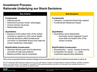 Investment Process:
Rationale Underlying our Stock Decisions
Buy Criteria Sell Discipline
Fundamental
• Inflection points
• Distinctive business model / advantages
• Unique industry structures
• Reasonably priced
Quantitative
• Exposure to the bottom 40% of the ranked
universe is capped at a 20% active weight
• Override decisions reflect fundamental
conviction or identifiable factors that make the
screen results less meaningful
Risk/Portfolio Construction
• Optimizer blends quant and fundamental
conviction to help size positions
• Balance portfolio risks & constraints
Fundamental
• Valuation / investment thesis fully realized
• Fundamental milestones missed
FOR [DSP] – ISSUED UPON REQUEST, NOT FOR FURTHER DISTRIBUTION (PLEASE READ IMPORTANT
DISCLOSURES)
.
14
AEH0123E/M-2681707-14/38
Quantitative
• Quantitative score deteriorates
– Automatic review triggered if quant
score falls into bottom 40% of the
ranked universe
Risk/Portfolio Construction
• Diversification – sector, industry & security
• Competition for capital – i.e., better
investment opportunities elsewhere
There can be no guarantee that the investment strategy can be successful and the value of investments may go down as well as up.
As of 31 December 2022. Decision making as to buy and sell criteria is subject to change based on market conditions, portfolio manager’s
opinion and other factors. This material is provided for informational purposes only and is not intended to be investment advice or a
rrecommendation to take any particular investment action.
CBDH0223A/S-2735014-13/34
 
