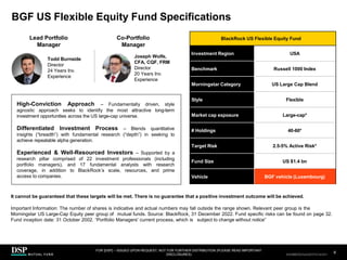 BGF US Flexible Equity Fund Specifications
BlackRock US Flexible Equity Fund
Investment Region USA
Benchmark Russell 1000 Index
Morningstar Category US Large Cap Blend
Style Flexible
Market cap exposure Large-cap*
# Holdings 40-60*
Target Risk 2.5-5% Active Risk*
Fund Size US $1.4 bn
Vehicle BGF vehicle (Luxembourg)
Lead Portfolio
Manager
Co-Portfolio
Manager
High-Conviction Approach – Fundamentally driven, style
agnostic approach seeks to identify the most attractive long-term
investment opportunities across the US large-cap universe.
Differentiated Investment Process – Blends quantitative
insights (“breadth”) with fundamental research (“depth”) in seeking to
achieve repeatable alpha generation.
Experienced & Well-Resourced Investors – Supported by a
research pillar comprised of 22 investment professionals (including
portfolio managers), and 17 fundamental analysts with research
coverage, in addition to BlackRock’s scale, resources, and prime
access to companies.
Todd Burnside
Director
24 Years Inv.
Experience
Joseph Wolfe,
CFA, CQF, FRM
Director
20 Years Inv.
Experience
It cannot be guaranteed that these targets will be met. There is no guarantee that a positive investment outcome will be achieved.
Important Information: The number of shares is indicative and actual numbers may fall outside the range shown. Relevant peer group is the
Morningstar US Large-Cap Equity peer group of mutual funds. Source: BlackRock, 31 December 2022. Fund specific risks can be found on page 32.
Fund inception date: 31 October 2002. “Portfolio Managers' current process, which is subject to change without notice”
FOR [DSP] – ISSUED UPON REQUEST, NOT FOR FURTHER DISTRIBUTION (PLEASE READ IMPORTANT
DISCLOSURES)
.
6
AEH0123E/M-2681707-6/38
CBDH0223A/S-2735014-5/34
 