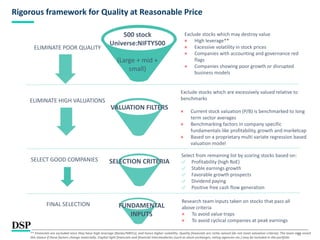 12
Rigorous framework for Quality at Reasonable Price
ELIMINATE POOR QUALITY
ELIMINATE HIGH VALUATIONS
500 stock
Universe:NIFTY500
(Large + mid +
small)
VALUATION FILTERS
Exclude stocks which may destroy value
× High leverage**
× Excessive volatility in stock prices
× Companies with accounting and governance red
flags
× Companies showing poor growth or disrupted
business models
Select from remaining list by scoring stocks based on:
✅ Profitability (high RoE)
✅ Stable earnings growth
✅ Favorable growth prospects
✅ Dividend paying
✅ Positive free cash flow generation
Exclude stocks which are excessively valued relative to
benchmarks
× Current stock valuation (P/B) is benchmarked to long
term sector averages
× Benchmarking factors in company specific
fundamentals like profitability, growth and marketcap
× Based on a proprietary multi variate regression based
valuation model
SELECTION CRITERIA
SELECT GOOD COMPANIES
FUNDAMENTAL
INPUTS
FINAL SELECTION
Research team inputs taken on stocks that pass all
above criteria
× To avoid value traps
× To avoid cyclical companies at peak earnings
** Financials are excluded since they have high leverage (Banks/NBFCs), and hence higher volatility. Quality financials are richly valued (do not meet valuation criteria). The team may revisit
this stance if these factors change materially. Capital light financials and financial intermediaries (such as stock exchanges, rating agencies etc.) may be included in the portfolio
 