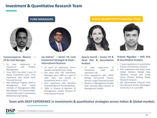 30
Investment & Quantitative Research Team
FUND MANAGERS
Aparna Karnik – Senior VP &
Head Risk & Quantitative
Analysis
• 17 year experience in
investment, credit and
operations risk
• Prior experience with CRISIL
Ratings (Structured Finance
Division, Large Corporate Group)
• Masters in Management Studies
from Jamnalal Bajaj Institute of
Management Studies
Prateek Nigudkar – AVP, Risk
& Quantitative Analysis
• 7 years experience in quantitative
finance and thematic research
• Prior experience with State Street
Global Advisors (Global Beta
Solutions Group) and Credit
Suisse (Private Banking Global
Research Division)
• MS (Quantitative Finance) from
Olin Business School, Washington
University in St. Louis MO
Team with DEEP EXPERIENCE in investments & quantitative strategies across Indian & Global markets
Suryanarayanan Manian –
VP & Fund Manager
• 10 year experience in
investment and Product
Management
• Since 2013 has been a part of
Equity Investment team. Prior
experience with Anand Rathi
Financial Services
• Post Graduate Program (PGP) in
Management from Indian
Institute of Management (IIM),
Ahmedabad. CFA Charterholder.
Passed CAIA Level 1 examination
Mechanical Engineering
RISK & QUANTITATIVE ANALYSIS TEAM
Jay Kothari* – Senior VP, Lead
Investment Strategist & Head –
International Business
• 14 years of experience across
equities and global fund raising
• Has been with DSP Investment
Managers since 2005 as a part of
sales team and moved to
Investments team in 2011
• Prior experience with Standard
Chartered Bank in Priority Banking
• MBA in Finance & Bachelor of
Management Studies (Finance &
International Finance)
* Dedicated Fund Manager for overseas investment
 