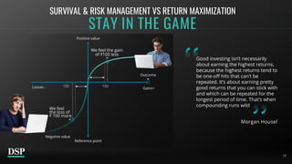 12
STAY IN THE GAME
SURVIVAL & RISK MANAGEMENT VS RETURN MAXIMIZATION
Outcome
100 100
Positive value
Losses -
Negative value
Reference point
Gains+
12
We feel the gain
of ₹100 less
We feel
the loss of
₹ 100 more
Good investing isn’t necessarily
about earning the highest returns,
because the highest returns tend to
be one-off hits that can’t be
repeated. It’s about earning pretty
good returns that you can stick with
and which can be repeated for the
longest period of time. That’s when
compounding runs wild
Morgan Housel
 