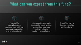 23
What can you expect from this fund?
Potential for
steady long-term
compounding with low
drawdowns/volatility
than the benchmark
Conservative approach
to portfolio construction -
established business
models + valuation
comfort + diversification
A portfolio having
low commonality
with benchmark
 