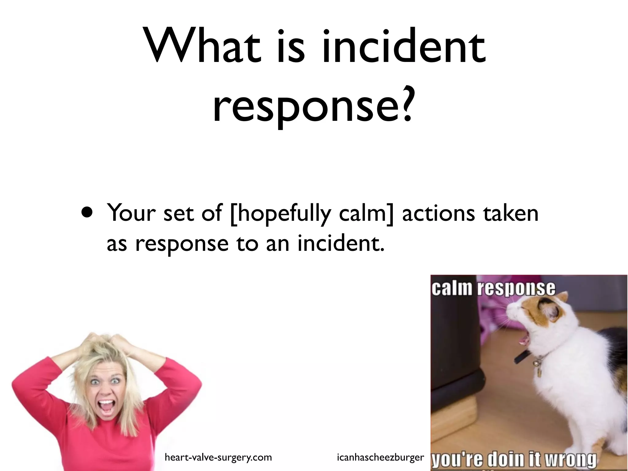 What is incident
         response?

• Your set of [hopefully calm] actions taken
    as response to an incident.


•

         heart-valve-surgery.com   icanhascheezburger
 
