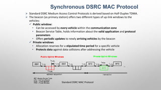 Synchronous DSRC MAC Protocol
 Standard DSRC Medium Access Control Protocols is derived based on Half-Duplex TDMA.
 The beacon (as primary station) offers two different types of up-link windows to the
vehicles:
 Public window:
• Can be accessed by every vehicle within the communication zone
• Beacon Service Table, holds information about the valid application and protocol
parameters
• Offers periodic updates to newly arriving vehicles by the beacon
 Private windows
• Allocation reserves for a stipulated time period for a specific vehicle
• Protects data against data collisions after addressing the vehicle
Standard DSRC MAC Protocol
 