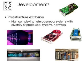 DS
RC

Developments

• Infrastructure explosion
– High complexity: heterogeneous systems with
diversity of processors, systems, networks

 