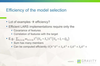 Efficiency of the model selection
4/22/2015
• Lot of examples efficiency?
• Efficient LARS implementations require only th...