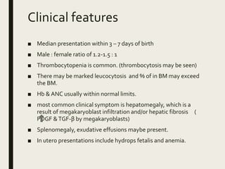 Clinical features
■ Median presentation within 3 – 7 days of birth
■ Male : female ratio of 1.2-1.5 : 1
■ Thrombocytopenia is common. (thrombocytosis may be seen)
■ There may be marked leucocytosis and % of in BM may exceed
the BM.
■ Hb & ANC usually within normal limits.
■ most common clinical symptom is hepatomegaly, which is a
result of megakaryoblast infiltration and/or hepatic fibrosis (
PDGF &TGF-β by megakaryoblasts)
■ Splenomegaly, exudative effusions maybe present.
■ In utero presentations include hydrops fetalis and anemia.
 