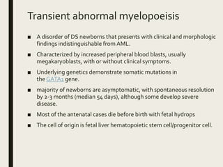 Transient abnormal myelopoeisis
■ A disorder of DS newborns that presents with clinical and morphologic
findings indistinguishable from AML.
■ Characterized by increased peripheral blood blasts, usually
megakaryoblasts, with or without clinical symptoms.
■ Underlying genetics demonstrate somatic mutations in
the GATA1 gene.
■ majority of newborns are asymptomatic, with spontaneous resolution
by 2-3 months (median 54 days), although some develop severe
disease.
■ Most of the antenatal cases die before birth with fetal hydrops
■ The cell of origin is fetal liver hematopoietic stem cell/progenitor cell.
 