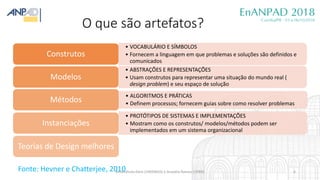 O que são artefatos?
• VOCABULÁRIO E SÍMBOLOS
• Fornecem a linguagem em que problemas e soluções são definidos e
comunicad...