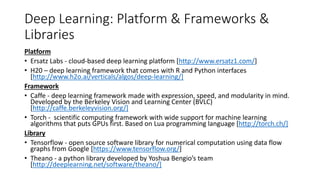 Deep Learning: Platform & Frameworks &
Libraries
Platform
• Ersatz Labs - cloud-based deep learning platform [http://www.e...