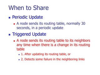 When to Share
 Periodic Update
 A node sends its routing table, normally 30
seconds, in a periodic update
 Triggered Update
 A node sends its routing table to its neighbors
any time when there is a change in its routing
table
 1. After updating its routing table, or
 2. Detects some failure in the neighboring links
 