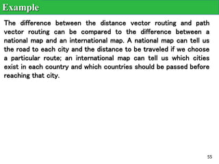 55
The difference between the distance vector routing and path
vector routing can be compared to the difference between a
national map and an international map. A national map can tell us
the road to each city and the distance to be traveled if we choose
a particular route; an international map can tell us which cities
exist in each country and which countries should be passed before
reaching that city.
Example
 