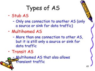 65
Types of AS
• Stub AS
– Only one connection to another AS (only
a source or sink for data traffic)
• Multihomed AS
– More than one connection to other AS,
but it is still only a source or sink for
data traffic
• Transit AS
– Multihomed AS that also allows
transient traffic
 