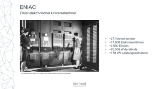 Von United States Army - Image from [1], Gemeinfrei, https://commons.wikimedia.org/w/index.php?curid=978783
ENIAC
Erster elektronischer Universalrechner
• ~27 Tonnen schwer
• ~17.500 Elektronenröhren
• ~7.000 Dioden
• ~70.000 Widerstände
• ~170 kW Leistungsaufnahme
 
