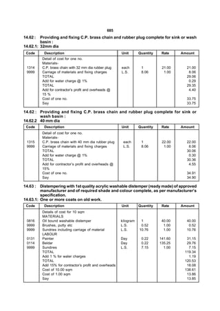 685
14.62 :  Providing and fixing C.P. brass chain and rubber plug complete for sink or wash
         basin :
14.62.1: 32mm dia
 Code      Description                                    Unit       Quantity    Rate    Amount
          Detail of cost for one no.
          Materials-
 1314     C.P. brass chain with 32 mm dia rubber plug     each        1          21.00     21.00
 9999     Carriage of materials and fixing charges        L.S.        8.06        1.00      8.06
          TOTAL                                                                            29.06
          Add for water charge @ 1%                                                         0.29
          TOTAL                                                                            29.35
          Add for contractor’s profit and overheads @                                       4.40
          15 %
          Cost of one no.                                                                  33.75
          Say                                                                              33.75

14.62 : Providing and fixing C.P. brass chain and rubber plug complete for sink or
        wash basin :
14.62.2 40 mm dia
 Code      Description                                    Unit       Quantity    Rate    Amount
          Detail of cost for one no.
          Materials-
 1315     C.P. brass chain with 40 mm dia rubber plug      each       1          22.00     22.00
 9999     Carriage of materials and fixing charges         L.S.       8.06        1.00      8.06
          TOTAL                                                                            30.06
          Add for water charge @ 1%                                                         0.30
          TOTAL                                                                            30.36
          Add for contractor’s profit and overheads @                                       4.55
          15%
          Cost of one no.                                                                  34.91
          Say                                                                              34.90

14.63 : Distempering with 1st quality acrylic washable distemper (ready made) of approved
         manufacturer and of required shade and colour complete, as per manufacturer’s
         specification.
14.63.1: One or more coats on old work.
 Code      Description                                    Unit       Quantity    Rate    Amount
          Details of cost for 10 sqm
          MATERIALS
 0816     Oil bound washable distemper                    kilogram    1          40.00     40.00
 9999     Brushes, putty etc                              L.S.        0.52        1.00      0.52
 9999     Sundries including carriage of material         L.S.       10.76        1.00     10.76
          LABOUR
 0131     Painter                                         Day         0.22      141.60     31.15
 0114     Beldar                                          Day         0.22      135.25     29.76
 9999     Sundires                                        L.S.        7.15        1.00      7.15
          TOTAL                                                                           119.34
          Add 1 % for water charges                                                         1.19
          TOTAL                                                                           120.53
          Add 15% for contractor’s profit and overheads                                    18.08
          Cost of 10.00 sqm                                                               138.61
          Cost of 1.00 sqm                                                                 13.86
          Say                                                                              13.85
 