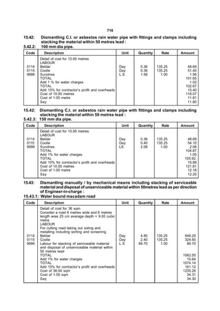 716
15.42:    Dismantling C.I. or asbestos rain water pipe with fittings and clamps including
          stacking the material within 50 metres lead :
5.42.2:   100 mm dia pipe.
 Code       Description                                    Unit   Quantity     Rate   Amount
          Detail of cost for 10.00 metres
          LABOUR
 0114     Beldar                                          Day      0.36      135.25      48.69
 0115     Coolie                                          Day      0.36      135.25      51.40
 9999     Sundries                                        L.S      1.56        1.00       1.56
          TOTAL                                                                         101.65
          Add 1 % for water charges                                                       1.02
          TOTAL                                                                         102.67
          Add 15% for contractor’s profit and overheads                                  15.40
          Cost of 10.00 metres                                                          118.07
          Cost of 1.00 metre                                                             11.81
          Say                                                                            11.80

15.42:  Dismantling C.I. or asbestos rain water pipe with fittings and clamps including
        stacking the material within 50 metres lead :
5.42.3: 150 mm dia pipe.
 Code       Description                                    Unit   Quantity     Rate   Amount
          Detail of cost for 10.00 metres
          LABOUR
 0114     Beldar                                          Day      0.36      135.25      48.69
 0115     Coolie                                          Day      0.40      135.25      54.10
 9999     Sundries                                        LS       2.08        1.00       2.08
          TOTAL                                                                         104.87
          Add 1% for water charges                                                        1.05
          TOTAL                                                                        105.92.
          Add 15% for contractor’s profit and overheads                                  15.89
          Cost of 10.00 metres                                                          121.81
          Cost of 1.00 metre                                                             12.18
          Say                                                                            12.20

15.43:   Dismantling manually / by mechanical means including stacking of serviceable
         material and disposal of unserviceable material within 50metres lead as per direction
         of Engineer-in-charge :
15.43.1: Water bound macadam road
 Code       Description                                    Unit   Quantity     Rate   Amount
          Detail of cost for 36 sqm
          Consider a road 6 metres wide and 6 metres
          length wise 25 cm average depth = 9.00 cubic
          metre
          LABOUR
          For cutting road taking out soling and
          metalling including sorting and screening
 0114     Beldar                                          Day      4.80      135.25    649.20
 0115     Coolie                                          Day      2.40      135.25    324.60
 9999     Labour for stacking of serviceable material     L.S     89.70        1.00     89.70
          and disposal of unserviceable material within
          50 metres lead
          TOTAL                                                                       1063.50
          Add 1% for water charges                                                      10.64
          TOTAL                                                                       1074.14
          Add 15% for contractor’s profit and overheads                                161.12
          Cost of 36.00 sqm                                                           1235.26
          Cost of 1.00 sqm                                                              34.31
          Say                                                                           34.30
 
