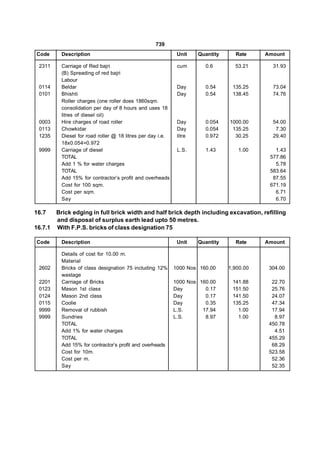739
Code      Description                                        Unit    Quantity     Rate     Amount

 2311     Carriage of Red bajri                              cum       0.6        53.21      31.93
          (B) Spreading of red bajri
          Labour
 0114     Beldar                                             Day       0.54      135.25      73.04
 0101     Bhishti                                            Day       0.54      138.45      74.76
          Roller charges (one roller does 1860sqm.
          consolidation per day of 8 hours and uses 18
          litres of diesel oil)
 0003     Hire charges of road roller                        Day       0.054    1000.00      54.00
 0113     Chowkidar                                          Day       0.054     135.25       7.30
 1235     Diesel for road roller @ 18 litres per day i.e.    litre     0.972      30.25      29.40
          18x0.054=0.972
 9999     Carriage of diesel                                 L.S.      1.43        1.00       1.43
          TOTAL                                                                             577.86
          Add 1 % for water charges                                                           5.78
          TOTAL                                                                             583.64
          Add 15% for contractor’s profit and overheads                                      87.55
          Cost for 100 sqm.                                                                 671.19
          Cost per sqm.                                                                       6.71
          Say                                                                                 6.70

16.7     Brick edging in full brick width and half brick depth including excavation, refilling
         and disposal of surplus earth lead upto 50 metres.
16.7.1   With F.P.S. bricks of class designation 75

Code      Description                                        Unit    Quantity     Rate     Amount

          Details of cost for 10.00 m.
          Material
 2602     Bricks of class designation 75 including 12%      1000 Nos 160.00     1,900.00    304.00
          wastage
 2201     Carriage of Bricks                                1000 Nos 160.00      141.88      22.70
 0123     Mason 1st class                                   Day        0.17      151.50      25.76
 0124     Mason 2nd class                                   Day        0.17      141.50      24.07
 0115     Coolie                                            Day        0.35      135.25      47.34
 9999     Removal of rubbish                                L.S.      17.94        1.00      17.94
 9999     Sundries                                          L.S.       8.97        1.00       8.97
          TOTAL                                                                             450.78
          Add 1% for water charges                                                            4.51
          TOTAL                                                                             455.29
          Add 15% for contractor’s profit and overheads                                      68.29
          Cost for 10m.                                                                     523.58
          Cost per m.                                                                        52.36
          Say                                                                                52.35
 