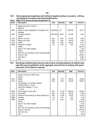 740
16.8   Brick edging laid lengthwise with half brick depthincluding excavation, refilling
       and disposal of surplus earth lead upto50 metres :
16.8.1 With F.P.S. bricks of class designation 75
Code      Description                                       Unit     Quantity     Rate     Amount

          Details of cost for 10.00 m.
          Material
 2602     Bricks of class designation 75 including 12%  1000 Nos      49        1,900.00     93.10
          wastage
 2201     Carriage of Bricks                            1000 Nos      49.00      141.88       6.95
          Labour
 0123     Mason 1st class                                Day           0.04      151.50       6.06
 0124     Mason 2nd class                                Day           0.04      141.60       5.66
 0115     Coolie                                         Day           0.09      135.25      12.17
 9999     Removal of rubbish                             L.S.          4.16        1.00       4.16
          TOTAL                                                                             128.10
          Add 1% for water charges                                                            1.28
          TOTAL                                                                             129.38
          Add 15% for contractor’s profit and overheads                                      19.41
          Cost for 10m.                                                                     148.79
          Cost per m.                                                                        14.88
          Say                                                                                14.90

16.9    Scarifying metalled (water-bound) road surface including disposal of rubbish lead
        upto 50m and consolidation of the aggregate received from scarifying with power
        road roller of 8 to lOtonne capacity.

Code      Description                                       Unit     Quantity     Rate     Amount

          Details of cost for 100.00 sqm.
          Labour
 0114     Beldar                                            Day        1.35      135.25     182.59
 0115     Coolie                                            Day        1.08      135.25     146.07
          Consolidation of scarified material
          100sqm.x50mm = 5cum
          Less 20% wastage = 1 cum.
          = 4 cum.
 0003     Hire charges of road roller                       Day        0.132    1 000.00    132.00
 0113     Chowkidar                                         Day        0.132      135.25     17.85
 1235     Diesel for road roller @ 18 litres/ day(8 hour)   litre      2.376       30.25     71.87
 9999     Carriage                                            L.S.     1.43         1.00      1.43
 9999     Sundries                                          L.S.       5.46         1.00      5.46
          TOTAL                                                                             557.27
          Add 1% for water charges                                                            5.57
          TOTAL                                                                             562.84
          Add 15% for contractor’s profit and overheads                                      84.43
          Cost for 100 sqm.                                                                 647.27
          Cost per sqm.                                                                       6.47
          Say                                                                                 6.45
 