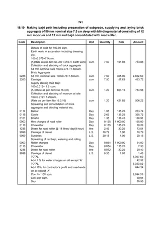741
16.10 Making bajri path including preparation of subgrade, supplying and laying brick
      aggregate of 50mm nominal size 7.5 cm deep with blinding material consisting of 12
      mm moorum and 12 mm red bajri consolidated with road roller.

Code     Description                                          Unit    Quantity     Rate     Amount

         Details of cost for 100.00 sqm.
         Earth work in excavation including dressing
         etc.
         100x0.075=7.5cum.
         (A)(Rate as per item no. 2.6.1 of S.H. Earth work)   cum        7.50     101.85     763.88
         Collection and stacking of brick aggregate
         53 mm nominal size 100x0.075 =7.50cum.
         Brick Aggregate
 0286    53 mm nominal size 100x0.75=7.50cum.                 cum        7.50     355.00    2,662.50
 2260    Carriage                                             cum        7.50      57.83      433.72
         Supply staking Red Bajri
         100x0.012= 1.2 cum.
         (A) (Rate as per item No.16.3.8)                     cum        1.20     654.15     784.98
         Collection and stacking of moorum at site
         100x0.012= 1.20cum.
         (Rate as per item No.16.3.10)                        cum        1.20     421.85     506.22
         Spreading and consolidation of brick
         aggregate and blinding material etc.
 0114    Beldar                                               Day        1.95      135.25    263.74
 0115    Coolie                                               Day        2.63      135.25    355.72
 0101    Bhishti                                              Day        1.35      138.45    186.91
 0003    Hire charges of road roller                          Day        0.135   1 000.00    135.00
 0113    Chowkidar                                            Day        0.135     135.25     18.26
 1235    Diesel for road roller @ 18 litres/ day(8 hour)      litre      2.43       30.25     73.51
 9999    Carriage of diesel                                   L.S.      10.79        1.00     10.79
 9999    Sundries                                             L.S.      20.15        1.00     20.15
         Spreading of red bajri, watering and rolling
 0003    Roller charges                                       Day        0.054   1 000.00      54.00
 0113    Chowkidar                                            Day        0.054     135.25       7.30
 1235    Diesel for road roller                               litre      0.972      30.25      29.40
 9999    Carriage of diesel                                   L.S.       0.55        1.00       1.43
         TOTAL                                                                              6,307.50
         Add 1 % for water charges on all except ‘A’                                           42.52
         TOTAL                                                                              6,350.02
         Add 15% for contractor’s profit and overheads                                        644.24
         on all except ‘A’
         Cost for 100 sqm.                                                                  6,994.26
         Cost per sqm.                                                                         69.94
         Say                                                                                   69.95
 