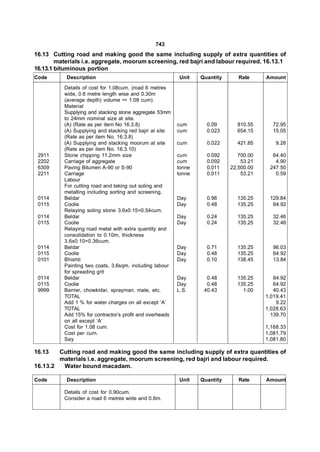 743
16.13 Cutting road and making good the same including supply of extra quantities of
        materials i.e. aggregate, moorum screening, red bajri and labour required. 16.13.1
16.13.1 bituminous portion
Code       Description                                     Unit   Quantity      Rate     Amount

          Details of cost for 1.08cum. (road 6 metres
          wide, 0.6 metre length wise and 0.30m
          (average depth) volume =• 1.08 cum).
          Material
          Supplying and stacking stone aggregate 53mm
          to 24mm nominal size at site.
          (A) (Rate as per item No 16.3.8)                cum       0.09       810.55      72.95
          (A) Supplying and stacking red bajri at site    cum       0.023      654.15      15.05
          (Rate as per item No. 16.3.8)
          (A) Supplying and stacking moorum at site       cum       0.022      421.85        9.28
          (Rate as per item No. 16.3.10)
 2911     Stone chipping 11.2mm size                      cum       0.092       700.00     64.40
 2202     Carriage of aggregate                           cum       0.092        53.21      4.90
 6309     Paving Bitumen A-90 or S-90                     tonne     0.011    22,500.00    247.50
 2211     Carriage                                        tonne     0.011        53.21      0.59
          Labour
          For cutting road and taking out soling and
          metalling including sorting and screening.
 0114     Beldar                                          Day       0.96       135.25     129.84
 0115     Coolie                                          Day       0.48       135.25      64.92
          Relaying soling stone 3.6x0.15=0.54cum.
 0114     Beldar                                          Day       0.24       135.25      32.46
 0115     Coolie                                          Day       0.24       135.25      32.46
          Relaying road metal with extra quantity and
          consolidation to 0.10m, thickness
          3.6x0.10=0.36cum.
 0114     Beldar                                          Day       0.71       135.25      96.03
 0115     Coolie                                          Day       0.48       135.25      64.92
 0101     Bhishti                                         Day       0.10       138.45      13.84
          Painting two coats, 3.6sqm. including labour
          for spreading grit
 0114     Beldar                                          Day       0.48       135.25       64.92
 0115     Coolie                                          Day       0.48       135.25       64.92
 9999     Barrier, chowkidar, sprayman, mate, etc.        L.S.     40.43         1.00       40.43
          TOTAL                                                                          1,019.41
          Add 1 % for water charges on all except ‘A’                                        9.22
          TOTAL                                                                          1,028.63
          Add 15% for contractor’s profit and overheads                                    139.70
          on all except ‘A’
          Cost for 1.08 cum.                                                             1,168.33
          Cost per cum.                                                                  1,081.79
          Say                                                                            1,081.80

16.13   Cutting road and making good the same including supply of extra quantities of
        materials i.e. aggregate, moorum screening, red bajri and labour required.
16.13.2  Water bound macadam.

Code       Description                                     Unit   Quantity      Rate     Amount

          Details of cost for 0.90cum.
          Consider a road 6 metres wide and 0.6m.
 
