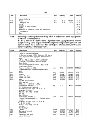 750
Code     Description                                         Unit    Quantity     Rate    Amount

         Labour for fixing
0114     Beldar                                              Day         0.12    135.25     16.23
9999     Carriage to site                                    L.S         4.16      1.00      4.16
         TOTAL                                                                              66.39
         Add 1% for water charges                                                            0.66
         TOTAL                                                                              67.05
         Add 15% for contractor’s profit and overheads                                      10.06
         Cost of each.                                                                      77.11
         Say                                                                                77.10

16.23   Providing and fixing 15cm dia at top 20cm at bottom and 90cm high precast
        reinforced cement concrete
        1:1.5:3 (1 cement: 1.5 coarse sand : 3 graded stone aggregate 20mm nominal
        size) boundary stone as per standard design including finishing smooth with
        cement mortar 1:3 (1 cement: 3 fine sand) (cost of excavation, refilling and
        concreting to be paid for separately).
Code     Description                                         Unit    Quantity     Rate    Amount

         Details of cost for one stone
         (i) Cement concrete 1.1.5:3 (l cement :1.5 course
         sand :3 graded stone aggregate 20mm nominal
         size)
         L/3 [A1+A2 (A1A2) = 0.825/3 x (0.095222+
         0.07522 + 0.75x0.095)x3.142 =0.0186 (A)
         Semi Circle-
         l/2x4/ 3x22/7x(0.075)3=0.0010 –(B)/ 0.0196
         (A+B) Say 0.02cum.
         Rate as per item no 4.1.2                           cum      0.02      3629.80   72.60 (A)
         (ii) Extra for laying cement concerte in RCC
         work
0114     Beldar                                              Day      0.002      135.25    0.27
0101     Bhishti                                             Day      0.004      138.45    0.55
0123     Mason 1st class                                     Day      0.00008    151.50    0.12
0124     Mason 2nd class                                     Day      0.0008     141.60    0.11
0128     Mate                                                Day      0.0008     138.45    0.11
         (iii) M.S. reinforcement-
         6mm dia. bar
         5.99 metre =5.99x0.22 =1.32kg.
         (Rate as per item No 5.22.1                         kg       1.32        41.50   54.78 (A)
         (iv) Centering and shuttering
         1/2x3.142 (0.19+0.15)x0.825 =0.441 +
         3.142/4(0.19)2=0028
         1/2x4x3.142(0.075)2 = 0.035
         = 0.504
         Say0.50sqm.
         (Rate as per item 5.9.1)                            sqn      1.50       119.25   59.62 (A)
         (v) 6mm cement plaster 1:3 (1 Cement :3 fine
         sand)-
         1/2x3.142 (0.19+0.15)x0.825 =0.44 +
        /4 (0-19)2 =0.028
         1/2x4x3.142(0.075)2 = 0.035
         = 0.504
         Say 0.50sqm.
0367     Cement                                              tonne    0.0018    4500.00    8.10
2209     Carriage of cement                                  tonne    0.0018      47.29    0.09
0983     Fine sand                                           cum      0.0385     320.00   12.32
2261     Carriage of fine sand                               cum      0.0385      53.21    2.05
         Labour for mortar
 