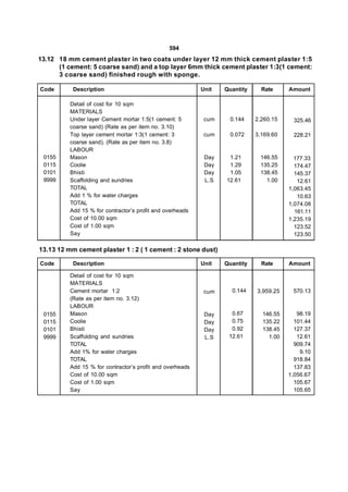 594
13.12 18 mm cement plaster in two coats under layer 12 mm thick cement plaster 1:5
      (1 cement: 5 coarse sand) and a top layer 6mm thick cement plaster 1:3(1 cement:
      3 coarse sand) finished rough with sponge.

Code       Description                                     Unit   Quantity     Rate     Amount

          Detail of cost for 10 sqm
          MATERIALS
          Under layer Cement mortar 1:5(1 cement: 5         cum     0.144    2,260.15    325.46
          coarse sand) (Rate as per item no. 3.10)
          Top layer cement mortar 1:3(1 cement: 3           cum     0.072    3,169.60    228.21
          coarse sand). (Rate as per item no. 3.8)
          LABOUR
 0155     Mason                                             Day    1.21       146.55      177.33
 0115     Coolie                                            Day    1.29       135.25      174.47
 0101     Bhisti                                            Day    1.05       138.45      145.37
 9999     Scaffolding and sundries                          L.S   12.61         1.00       12.61
          TOTAL                                                                         1,063.45
          Add 1 % for water charges                                                        10.63
          TOTAL                                                                         1,074.08
          Add 15 % for contractor’s profit and overheads                                  161.11
          Cost of 10.00 sqm                                                             1,235.19
          Cost of 1.00 sqm                                                                123.52
          Say                                                                             123.50

13.13 12 mm cement plaster 1 : 2 ( 1 cement : 2 stone dust)

Code       Description                                     Unit   Quantity     Rate     Amount

          Detail of cost for 10 sqm
          MATERIALS
          Cement mortar 1:2                                 cum     0.144    3,959.25    570.13
          (Rate as per item no. 3.12)
          LABOUR
 0155     Mason                                             Day     0.67       146.55      98.19
 0115     Coolie                                            Day     0.75       135.22     101.44
 0101     Bhisti                                            Day     0.92       138.45     127.37
 9999     Scaffolding and sundries                          L.S    12.61         1.00      12.61
          TOTAL                                                                           909.74
          Add 1% for water charges                                                          9.10
          TOTAL                                                                           918.84
          Add 15 % for contractor’s profit and overheads                                  137.83
          Cost of 10.00 sqm                                                             1,056.67
          Cost of 1.00 sqm                                                                105.67
          Say                                                                             105.65
 