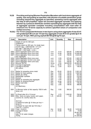 773
16.36   Providing and laying Bitumen Penetration Macadam with hard stone aggregate of
        quality, size and grading as specified, with bitumen of suitable penetration grade
        including required key aggregate as specified, spreading coarse aggregate with
        the help of self propelled / tipper tail mounted aggregate spreader and applying
        bitumen by a pressure distributor and then spreading key aggregate with the help
        of aggregate spreader complete including consolidation with road roller of
        minimum 8 to 10 tonne capacity to achieve specified values of compaction and
        surface accuracy :
16.36.2 For 75 mm compacted thickness in two layers using stone aggregate of size 63-41
        mm graded @ 0.90 cum per 10 sqm key aggregate of size 20.0 mm graded @ 0.18
        cum per 10 sqm. With paving asphalt 80/100 @ 68 kg/10 sqm.

 Code      Description                                       Unit    Quantity       Rate     Amount
        Details of cost for 300 sqm.
        (A)Material:
        Taking output as 300 sqm. for single layer.
        Coarse agg. = 300/10x0.90 = 27 cum.
        Key agg = 300/10x0.18 = 5.4 cum.
        Bitumen = 300/10x68 = 2.04 t.
 0292   Stone aggregate 53mm (one size)                      cum       8.10       625.00     5,062.50
 0295   Stone aggregate 20mm (one size)                      cum      14.58       700.00    10,206.00
 0297   Stone aggregate 10mm (one size)                      cum       4.32       700.00     3,024.00
        Key aggregate
 0294   Stone aggregate 25mm (one size)                      cum       2.05        675.00    1,383.75
 0296   Stone aggregate 12.5mm (one size)                    cum       2.57        700.00    1,799.00
 0297   Stone aggregate 10mm (one size)                      cum       0.81        700.00      567.00
 2916   Bitumen 80/100                                       tonne     2.04     22,500.00   45,900.00
 2202   Carriage of aggregate                                cum      32.40         53.21    1,724.00
 2211   Carriage of bitumen                                  tonne     2.04         53.21      108.55
        (B) Labour:

 0114   Beldar for spreading stone metal                     Day      25.00       135.25     3,381.25
 0114   Beldar for hand packing                              Day       8.00       135.25     1,082.00
 0114   Beldar dry rolling                                   Day       4.00       135.25       541.00
 0114   Beldar/Bajri spreader                                Day       2.00       135.25       270.50
 0138   Sprayer                                              Day       1.00       138.45       138.45
 0114   Beldar for spreading key aggregate                   Day       2.00       135.25       270.50
 0114   Beldar for spraying bitumen                          Day      10.00       135.25     1,352.50
 0114   Beldar road roller                                   Day       1.00       135.25       135.25
 0128   Mate                                                 Day       2.65       138.45       366.89
        (C) Machinery :

 0001   (i) Bitumen boiler oil fed capacity 1500 lit with    Day       0.50       595.00      297.50
        spray unit

 0003   (ii) Road roller (8 to 10 tonne)                     Day       0.75      1,000.00     750.00
 9999   Misc. items as spray nozzle, joint paper,            L.S.    429.00          1.00     429.00
        coconut oil, country soap etc.

        (D) Fuel:
        (i) Diesel for boiler @ 10 litres per hour =
        40.00 lit
        (ii) Diesel for road roller @ 18 lit./day =
        18x0.75 = 13.50 lit.
 1235   Total = 53.50 lit.                                   litre    53.50        30.25     1,618.38
 9999   Carriage of diesel                                   L.S.     73.06         1.00        73.06
        TOTAL                                                                               80,481.08
        Add 1% for water charges                                                               804.81
        TOTAL                                                                               81,285.89
 