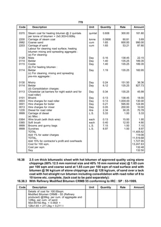 778
 Code      Description                                   Unit      Quantity   Rate        Amount

 0370   Steam coal for heating bitumen @ 2 quintals      quintal    0.606      300.00      181.80
        per tonne of bitumen = 2x0.303=0.606q
 2200   Carriage of steam coal                           tonne      0.0606      60.81        3.69
 0982   Coarse sand                                      cum        1.65       600.00      990.00
 2203   Carriage of sand                                 cum        1.65        53.21       87.80
        Labour for cleaning road surface, heating
        bitumen mixing and spreading aggregate :
        (a) For cleaning:
 0128   Mate                                             Day        0.16       138.45       22.15
 0114   Beldar                                           Day        1.40       135.25      189.35
 0115   Coolie                                           Day        1.40       135.25      189.35
        (b) For heating bitumen :
 0114   Beldar                                           Day        1.19       135.25      160.95
        (c) For cleaning, mixing and spreading
        pre-mix aggregate :

 0130   Mistry                                           Day        0.24       151.50       36.36
 0114   Beldar                                           Day        6.12       135.25      827.73
        (d) Consolidation charges:
 0113   Chowkidar (at barriers for night watch and for   Day        0.34       135.25        45.99
        road roller)
 0101   Bhishti                                          Day        0.13        138.45      18.00
 0003   Hire charges for road roller                     Day        0.13      1,000.00     130.00
 0001   Hire charges for boiler                          Day        0.21        595.00     124.95
 0013   Hire charges for mixer                           Day        0.05        200.00      10.00
 1235   Diesel for road roller                           litre      2.34         30.25      70.78
 9999   Carriage of diesel                               L.S.       5.33          1.00       5.33
        (e) Misc :
 0364   Wire brush (with thick wire)                     each       0.13        15.00         1.95
 0365   Soft brush                                       each       0.40        12.00         4.80
 9999   Brooms and gunny bags                            L.S.       7.15         1.00         7.15
 9999   Sundries                                         L.S.       8.97         1.00         8.97
        TOTAL                                                                            11,405.62
        Add 1% for water charges                                                            114.06
        TOTAL,                                                                           11,519.68
        Add 15% for contractor’s profit and overheads                                     1,727.95
        Cost for 100 sqm.                                                                13,247.63
        Cost per sqm.                                                                       132.48
        Say                                                                                 132.50


16.38   2.5 cm thick bitumastic sheet with hot bitumen of approved quality using stone
        chippings (60% 12.5 mm nominal size and 40% 10 mm nominal size) @ 1.65 cum
        per 100 sqm and coarse sand at 1.65 cum per 100 sqm of road surface and with
        bitumen @ 56 kg/cum of stone chippings and @ 128 kg/cum, of sand over a tack
        coat with hot straight run bitumen including consolidation with road roller of 8 to
        10 tonne etc. complete, (tack coat to be paid separately):
16.38.3 With Refinery Modified Bitumen CRMB 55 conforming to IRC : SP : 53-1999.

 Code      Description                                   Unit      Quantity   Rate        Amount
        Details of cost for 100.00sqm.
        Modified Bitumen CRMB - 55 (Refinery
        produced) @56kg. per cum. of aggregate and
        128kg. per cum. of sand:
        56xl.65=92.4kg. = 0.092t +
        128x1.65 = 211.2kg = 0.211 t
 
