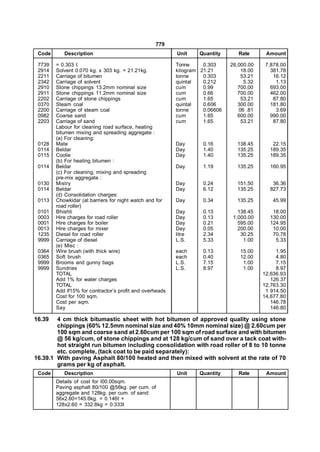 779
 Code      Description                                    Unit    Quantity       Rate      Amount

 7739   = 0.303 t                                         Tonne     0.303     26,000.00    7,878.00
 2914   Solvent 0.070 kg. x 303 kg. = 21.21kg.            kilogram 21.21          18.00      381.78
 2211   Carriage of bitumen                               tonne     0.303         53.21       16.12
 2342   Carriage of solvent                               quintal   0.212          5.32        1.13
 2910   Stone chippings 13.2mm nominal size               cum       0.99         700.00      693.00
 2911   Stone chippings 11.2mm nominal size               cum       0.66         700.00      462.00
 2202   Carriage of stone chippings                       cum       1.65          53.21       87.80
 0370   Steam coal                                        quintal   0.606        300.00      181.80
 2200   Carriage of steam coal                            tonne     0.06606      06 .81        3.69
 0982   Coarse sand                                       cum       1.65         600.00      990.00
 2203   Carriage of sand                                  cum       1.65          53.21       87.80
        Labour for cleaning road surface, heating
        bitumen mixing and spreading aggregate :
        (a) For cleaning:
 0128   Mate                                              Day       0.16        138.45       22.15
 0114   Beldar                                            Day       1.40        135.25      189.35
 0115   Coolie                                            Day       1.40        135.25      189.35
        (b) For heating bitumen :
 0114   Beldar                                            Day       1.19        135.25      160.95
        (c) For cleaning, mixing and spreading
        pre-mix aggregate :
 0130   Mistry                                            Day       0.24        151.50       36.36
 0114   Beldar                                            Day       6.12        135.25      827.73
        (d) Consolidation charges:
 0113   Chowkidar (at barriers for night watch and for    Day       0.34        135.25        45.99
        road roller)
 0101   Bhishti                                           Day       0.13         138.45      18.00
 0003   Hire charges for road roller                      Day       0.13       1,000.00     130.00
 0001   Hire charges for boiler                           Day       0.21         595.00     124.95
 0013   Hire charges for mixer                            Day       0.05         200.00      10.00
 1235   Diesel for road roller                            litre     2.34          30.25      70.78
 9999   Carriage of diesel                                L.S.      5.33           1.00       5.33
        (e) Misc :
 0364   Wire brush (with thick wire)                      each      0.13         15.00         1.95
 0365   Soft brush                                        each      0.40         12.00         4.80
 9999   Brooms and gunny bags                             L.S.      7.15          1.00         7.15
 9999   Sundries                                          L.S.      8.97          1.00         8.97
        TOTAL                                                                             12,636.93
        Add 1% for water charges                                                             126.37
        TOTAL                                                                             12,763.30
        Add lf15% for contractor’s profit and overheads                                    1 914.50
        Cost for 100 sqm.                                                                 14,677.80
        Cost per sqm.                                                                        146.78
        Say                                                                                  146.80

16.39   4 cm thick bitumastic sheet with hot bitumen of approved quality using stone
        chippings (60% 12.5mm nominal size and 40% 10mm nominal size) @ 2.60cum per
        100 sqm and coarse sand at 2.60cum per 100 sqm of road surface and with bitumen
        @ 56 kg/cum, of stone chippings and at 128 kg/cum of sand over a tack coat with-
        hot straight run bitumen including consolidation with road roller of 8 to 10 tonne
        etc. complete, (tack coat to be paid separately):
16.39.1 With paving Asphalt 80/100 heated and then mixed with solvent at the rate of 70
        grams per kg of asphalt.
 Code      Description                                    Unit    Quantity       Rate      Amount
        Details of cost for l00.00sqm.
        Paving asphalt 80/100 @56kg. per cum. of
        aggregate and 128kg. per cum. of sand:
        56x2.60=145.6kg. = 0.146t +
        128x2.60 = 332.8kg = 0.333t
 