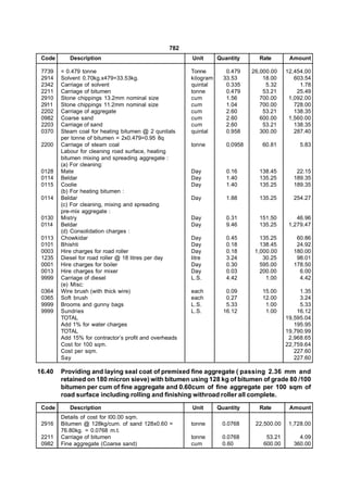 782
 Code      Description                                  Unit       Quantity      Rate        Amount

 7739   = 0.479 tonne                                   Tonne         0.479    26,000.00    12,454.00
 2914   Solvent 0.70kg.x479=33.53kg.                    kilogram     33.53         18.00       603.54
 2342   Carriage of solvent                             quintal       0.335         5.32         1.78
 2211   Carriage of bitumen                             tonne         0.479        53.21        25.49
 2910   Stone chippings 13.2mm nominal size             cum           1.56        700.00     1,092.00
 2911   Stone chippings 11.2mm nominal size             cum           1.04        700.00       728.00
 2202   Carriage of aggregate                           cum           2.60         53.21       138.35
 0982   Coarse sand                                     cum           2.60        600.00     1,560.00
 2203   Carriage of sand                                cum           2.60         53.21       138.35
 0370   Steam coal for heating bitumen @ 2 qunitals     quintal       0.958       300.00       287.40
        per tonne of bitumen = 2x0.479=0.95 8q
 2200   Carriage of steam coal                          tonne         0.0958      60.81          5.83
        Labour for cleaning road surface, heating
        bitumen mixing and spreading aggregate :
        (a) For cleaning:
 0128   Mate                                            Day           0.16       138.45        22.15
 0114   Beldar                                          Day           1.40       135.25       189.35
 0115   Coolie                                          Day           1.40       135.25       189.35
        (b) For heating bitumen :
 0114   Beldar                                          Day           1.88       135.25       254.27
        (c) For cleaning, mixing and spreading
        pre-mix aggregate :
 0130   Mistry                                          Day           0.31       151.50         46.96
 0114   Beldar                                          Day           9.46       135.25      1,279.47
        (d) Consolidation charges :
 0113   Chowkidar                                       Day           0.45        135.25       60.86
 0101   Bhishti                                         Day           0.18        138.45       24.92
 0003   Hire charges for road roller                    Day           0.18      1,000.00      180.00
 1235   Diesel for road roller @ 18 litres per day      litre         3.24         30.25       98.01
 0001   Hire charges for boiler                         Day           0.30        595.00      178.50
 0013   Hire charges for mixer                          Day           0.03        200.00        6.00
 9999   Carriage of diesel                              L.S.          4.42          1.00        4.42
        (e) Misc:
 0364   Wire brush (with thick wire)                    each          0.09        15.00          1.35
 0365   Soft brush                                      each          0.27        12.00          3.24
 9999   Brooms and gunny bags                           L.S.          5.33         1.00          5.33
 9999   Sundries                                        L.S.         16.12         1.00         16.12
        TOTAL                                                                               19,595.04
        Add 1% for water charges                                                               195.95
        TOTAL                                                                               19,790.99
        Add 15% for contractor’s profit and overheads                                        2,968.65
        Cost for 100 sqm.                                                                   22,759.64
        Cost per sqm.                                                                          227.60
        Say                                                                                    227.60

16.40   Providing and laying seal coat of premixed fine aggregate ( passing 2.36 mm and
        retained on 180 micron sieve) with bitumen using 128 kg of bitumen of grade 80 /100
        bitumen per cum of fine aggregate and 0.60cum of fine aggregate per 100 sqm of
        road surface including rolling and finishing withroad roller all complete.
 Code      Description                                  Unit       Quantity      Rate        Amount
        Details of cost for l00.00 sqm.
 2916   Bitumen @ 128kg/cum. of sand 128x0.60 =         tonne       0.0768      22,500.00    1,728.00
        76.80kg. = 0.0768 m.t.
 2211   Carriage of bitumen                             tonne       0.0768          53.21       4.09
 0982   Fine aggregate (Coarse sand)                    cum         0.60           600.00     360.00
 