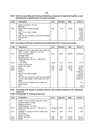 788
16.44 Extra for providing and mixing hardening campound of approved quality as per
      manufacturer’s specification in cement concrete.

 Code     Description                                     Unit       Quantity   Rate      Amount

          Details of cost for 1.00 litre
          Materials :
 7254     Hard crete (including cartage)                  litre       1.00       29.00       29.00
          TOTAL                                                                              29.00
          Add 1 % for water charges                                                           0.29
          TOTAL                                                                              29.29
          Add 15% for contractor’s profit and overheads                                       4.39
          Cost per litre                                                                     33.68
          Say                                                                                33.70

16.45 Providing and fixing in position premoulded joint filler in expansion joints.

 Code     Description                                     Unit       Quantity   Rate      Amount

          Details of cost for 18mm thick 15cm deep and
          300m in length = 300x0.15 = 45 sqm.
 0317     18mm thick joint filler                         sqm        45.00      300.00   13,500.00
          Carriage of filler
          45x0.018 =0.81 cum.
          Weight 256.3kg. per cum. = 256.3x0.81
          = 207.6kg.
 2211     = 0.21 tonne                                    tonne       0.21       53.21       11.17
          Labour for fixing etc. :
 0124     Mason 2nd class                                 Day         1.00      141.60      141.60
 0114     Beldar                                          Day         3.00      135.25      405.75
 9999     Sundries                                        L.S.       26.91        1.00       26.91
          TOTAL                                                                          14,085.43
          Add 1 % for water charges                                                         140.85
          TOTAL                                                                          14,226.28
          Add 15% for contractor’s profit and overheads                                   2,133.94
          Cost for 300m length, 18mm width and 15cm                                      16,360.22
          depth
          Cost for one cm. depth one cm. width per                                            2.02
          metre length.
          Say                                                                                 2.00

16.46   Providing and laying in position bitumen hot sealing compound for expansion
        joints etc.
16.46.1 Using grade ‘A’ sealing compound.

 Code     Description                                     Unit       Quantity   Rate      Amount

          Details of cost for 20mm wide 20mm deep
          and 300 metres in length.
          Sealing compound-
          300x0.02x0.02 = 0.12cum.
 0314     Weight 256.3kg. per cum. = 256.3x0.12 =         kilogram   30.76       20.00     615.20
          30.76 kg.
 2211     Carriage of compound 30.76 = 0.3076 Say         tonne       0.03       53.21        1.60
          0.03 tonne
          Labour for filling:
 0124     Mason 2nd class                                 Day         1.00      141.60     141.60
 0114     Beldar                                          Day         2.5       135.25     338.12
 