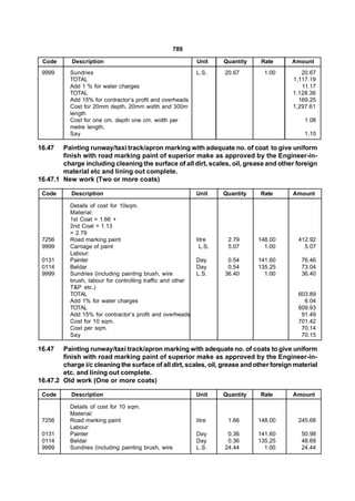 789

 Code       Description                                      Unit     Quantity    Rate    Amount
 9999      Sundries                                          L.S.     20.67        1.00      20.67
           TOTAL                                                                          1,117.19
           Add 1 % for water charges                                                         11.17
           TOTAL                                                                          1,128.36
           Add 15% for contractor’s profit and overheads                                    169.25
           Cost for 20mm depth, 20mm width and 300m                                       1,297.61
           length
           Cost for one cm. depth one cm. width per                                           1.08
           metre length.
           Say                                                                                1.10

16.47   Painting runway/taxi track/apron marking with adequate no. of coat to give uniform
        finish with road marking paint of superior make as approved by the Engineer-in-
        charge including cleaning the surface of all dirt, scales, oil, grease and other foreign
        material etc and lining out complete.
16.47.1 New work (Two or more coats)

 Code      Description                                       Unit     Quantity   Rate     Amount

           Details of cost for 10sqm.
           Material:
           1st Coat = 1.66 +
           2nd Coat = 1.13
           = 2.79
 7256      Road marking paint                                litre     2.79      148.00     412.92
 9999      Carriage of paint                                   L.S.    5.07        1.00       5.07
           Labour:
 0131      Painter                                           Day       0.54      141.60      76.46
 0114      Beldar                                            Day       0.54      135.25      73.04
 9999      Sundries (including painting brush, wire          L.S.     36.40        1.00      36.40
           brush, labour for controlling traffic and other
           T&P etc.)
           TOTAL                                                                            603.89
           Add 1% for water charges                                                           6.04
           TOTAL                                                                            609.93
           Add 15% for contractor’s profit and overheads                                     91.49
           Cost for 10 sqm.                                                                 701.42
           Cost per sqm.                                                                     70.14
           Say                                                                               70.15

16.47   Painting runway/taxi track/apron marking with adequate no. of coats to give uniform
        finish with road marking paint of superior make as approved by the Engineer-in-
        charge i/c cleaning the surface of all dirt, scales, oil, grease and other foreign material
        etc. and lining out complete.
16.47.2 Old work (One or more coats)

 Code      Description                                       Unit     Quantity   Rate     Amount

           Details of cost for 10 sqm.
           Material:
 7256      Road marking paint                                litre     1.66      148.00     245.68
           Labour:
 0131      Painter                                           Day       0.36      141.60      50.98
 0114      Beldar                                            Day       0.36      135.25      48.69
 9999      Sundries (including painting brush, wire          L.S.     24.44        1.00      24.44
 