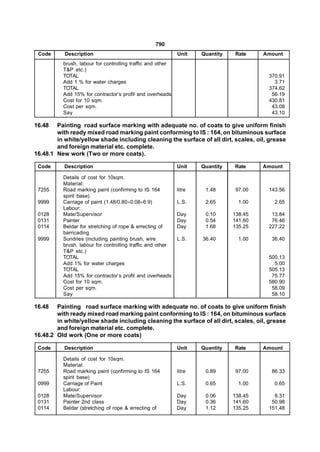790
 Code      Description                                      Unit    Quantity   Rate     Amount
          brush, labour for controlling traffic and other
          T&P etc.)
          TOTAL                                                                          370.91
          Add 1 % for water charges                                                        3.71
          TOTAL                                                                          374.62
          Add 15% for contractor’s profit and overheads                                   56.19
          Cost for 10 sqm.                                                               430.81
          Cost per sqm.                                                                   43.08
          Say                                                                             43.10

16.48   Painting road surface marking with adequate no. of coats to give uniform finish
        with ready mixed road marking paint conforming to IS : 164, on bituminous surface
        in white/yellow shade including cleaning the surface of all dirt, scales, oil, grease
        and foreign material etc. complete.
16.48.1 New work (Two or more coats).

 Code      Description                                      Unit    Quantity   Rate     Amount

          Details of cost for 10sqm.
          Material:
 7255     Road marking paint (confirming to IS 164          litre    1.48       97.00    143.56
          spirit base)
 9999     Carriage of paint (1.48/0.800.086.9)            L.S.     2.65        1.00      2.65
          Labour:
 0128     Mate/Supervisor                                   Day      0.10      138.45     13.84
 0131     Painter                                           Day      0.54      141.60     76.46
 0114     Beldar for stretching of rope & errecting of      Day      1.68      135.25    227.22
          barricading
 9999     Sundries (including painting brush, wire          L.S.    36.40        1.00     36.40
          brush, labour for controlling traffic and other
          T&P etc.)
          TOTAL                                                                          500.13
          Add 1% for water charges                                                         5.00
          TOTAL                                                                          505.13
          Add 15% for contractor’s profit and overheads                                   75.77
          Cost for 10 sqm.                                                               580.90
          Cost per sqm.                                                                   58.09
          Say                                                                             58.10

16.48   Painting road surface marking with adequate no. of coats to give uniform finish
        with ready mixed road marking paint conforming to IS : 164, on bituminous surface
        in white/yellow shade including cleaning the surface of all dirt, scales, oil, grease
        and foreign material etc. complete.
16.48.2 Old work (One or more coats)

 Code      Description                                      Unit    Quantity   Rate     Amount

          Details of cost for 10sqm.
          Material:
 7255     Road marking paint (confirming to IS 164          litre    0.89       97.00     86.33
          spirit base)
 0999     Carriage of Paint                                 L.S.     0.65        1.00      0.65
          Labour:
 0128     Mate/Supervisor                                   Day      0.06      138.45      8.31
 0131     Painter 2nd class                                 Day      0.36      141.60     50.98
 0114     Beldar (stretching of rope & errecting of         Day      1.12      135.25    151.48
 