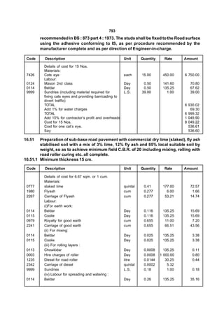 793
        recommended in BS : 873 part 4 : 1973. The studs shall be fixed to the Road surface
        using the adhesive conforming to IS, as per procedure recommended by the
        manufacturer complete and as per direction of Engineer-in-charge.

 Code     Description                                      Unit      Quantity     Rate     Amount

          Details of cost for 15 Nos.
          Materials:
 7426     Cats eye                                         each      15.00       450.00    6 750.00
          Labour:
 0124     Mason 2nd class                                  Day        0.50       141.60       70.80
 0114     Beldar                                           Day        0.50       135.25       67.62
 9999     Sundries (including material required for        L.S.      39.00         1.00       39.00
          fixing cats eyes and providing barricading to
          divert traffic)
          TOTAL                                                                            6 930.02
          Add 1% for water charges                                                            69.30
          TOTAL                                                                            6 999.32
          Add 15% for contractor’s profit and overheads                                    1 049.90
          Cost for 15 Nos.                                                                 8 049.22
          Cost for one cat’s eye.                                                            536.61
          Say                                                                                536.60

16.51   Preparation of sub-base road pavement with commercial dry lime (slaked), fly ash
        stabilised soil with a mix of 3% lime, 12% fly ash and 85% local suitable soil by
        weight, so as to achieve minimum field C.B.R. of 20 including mixing, rolling with
        road roller curing etc. all complete.
16.51.1 Minimum thickness 15 cm.

 Code     Description                                      Unit      Quantity     Rate     Amount

          Details of cost for 6.67 sqm. or 1 cum.
          Materials:
 0777     slaked lime                                      quintal    0.41       177.00       72.57
 1980     Flyash                                           cum        0.277        6.00        1.66
 2267     Carriage of Flyash                               cum        0.277       53.21       14.74
          Labour:
          (i)For earth work:
 0114     Beldar                                           Day        0.116      135.25       15.69
 0115     Coolie                                           Day        0.116      135.25       15.69
 0979     Royalty for good earth                           cum        0.655       11.00        7.20
 2241     Carriage of good earth                           cum        0.655       66.51       43.56
          (ii) For mixing:
 0114     Beldar                                           Day        0.025      135.25        3.38
 0115     Coolie                                           Day        0.025      135.25        3.38
          (iii) For rolling layers :
 0113     Chowkidar                                        Day        0.0008      135.25       0.11
 0003     Hire charges of roller                           Day        0.0008    1 000.00       0.80
 1235     Diesel for road roller                           litre      0.0144       30.25       0.44
 2342     Carriage of diesel                               quintal    0.0002        5.32
 9999     Sundries                                         L.S.       0.18          1.00       0.18
          (iv) Labour for spreading and watering :
 0114     Beldar                                           Day        0.26       135.25       35.16
 