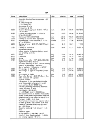 797

Code   Description                                       Unit      Quantity      Rate     Amount
       Assuming density of stone aggregate 1427
       kg/cum.
       26.5-13.2mm@30%
       13.2-2.8mm@28%
       Stone dust @ 40%
       Hydrate lime @ 2%
0294   Crushed Stone Aggregate 26.5mm =30% x             cum        29.36      675.00    19,818.00
       139.65/1.427.
0296   Crushed stone Aggregate 13.2.5mm =                cum        27.40      700.00    19,180.00
       28%x139.65/1.427.
1159   Stone dust=40%xl39.65/l.523                       cum        36.68      700.00    25,676.00
2202   Carriage of crushed stone aggregate.              cum        56.76       53.21     3,020.20
0777   Hydrated lime = 2%of 139.65 M.T. =2.793           quintal    27.93      177.00     4,943.61
       M.T. or 27.93 Qtl.
2208   Carriage of Lime = 2.79 M.T./1.29 MT/cum=         cum         2.16       53.21      114.93
       2.16 cum
2267   Carriage of Stone dust                            cum        36.68       53.21     1,951.74
       (B) Labour charges
       Labour required for loading platform, paver
       and for taking level etc.
0114   Beldar                                            Day        11.00      135.25     1,487.75
0113   Chowkidar                                         Day         3.00      135.25       405.75
0130   Mistry                                            Day         1.00      151.50       151.50
0101   Bhisti for road roller = 147/ (2.30x0.05x370)     Day         3.45      138.45       477.65
       (C) Machinery/ Hire charges:
       Assuming effciency as 60%, 7 hours working,
       capacity 35 tonne (avg.) per hours
       Qty. of asphalt = 7x35x60/100 = 147 MT
0008   Hire charges of B.G. Plant.                       Day         1.00     7,050.00    7,050.00
0017   Hire charges of tipper = 147/(5.19x8)=3.54        Day         3.54     1,030.00    3,646.20
       No
0018   Hire charges of loader                            Day         1.00      800.00       800.00
0003   Road roller (Density = 2.30 M.T./Cum.) One        Day         3.45     1000.00     3,450.00
       roller compacts 370 sqm/day
       (D) Fuel charges:
       Two engines for hot mix plant and one for
       paver finisher @ 4 ltr./ enginer/ hr. and 7
       hours working=3x4x7=84.00 litres
       For drier, premixing and heating materials:
       Taking efficiency as 96%
       =96/100x147=141.12 M.T.
       141.12M.T.@ 5 ltr./M.T. =705.60 litres
       One steam burner is to start two hours earlier
       to heat up the plant at high flames, there fore
       diesel required for two hours per day @ 20 ltr.
       Per hours =2x20 = 40.00 litres.
       Then flames are reduced and required to burn
       for 7 hrs @ 10 ltr./ hrs =7x10 = 70.00 litres
       Diesel for road roller =3.45 days @ 18 ltr./
       day = 62.10 litre.
       Diesel for loader @ 11.25 ltr/each = 11.25
       litres.
       Diesel for tipper
       As per DAR Vol. 1 lead 5 km., No. of
       trips=5.19 Nos. Diesel required = 11.58 ltrs
       and carrying capacity = 8 tonne.
 